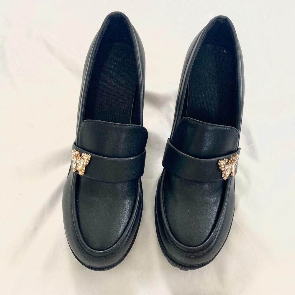 NEW Y2K Chunky Black Faux Leather Butterfly Platform Oxford Loafers US 8.5 - 9 - Picture 2 of 6